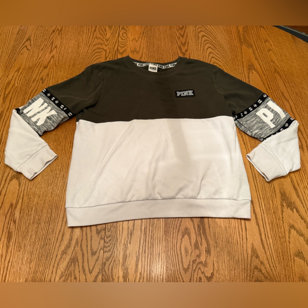 PINK Victoria's Secret Olive and White Sweatshirt